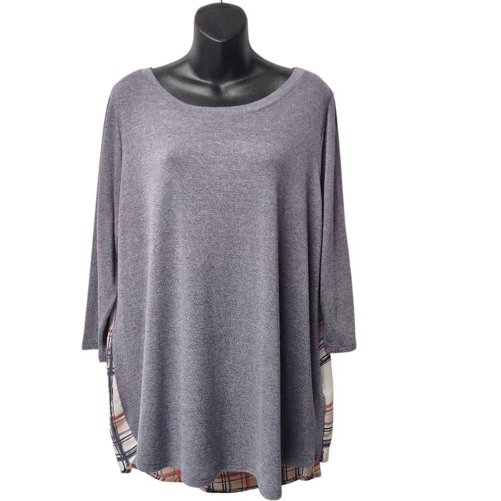 August Mist Women's Gray Plaid Back 3/4 Sleeve Plus Size Top Blouse Size 1X